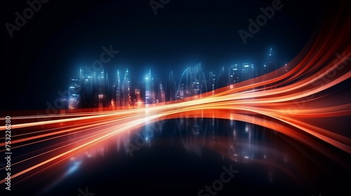 A vector illustration showcases waves and curves of light trails  depicting city transport cars driving on an abstract highway with glowing lights against a dark background.