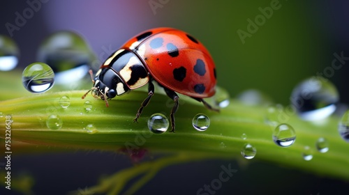 ladybug on green grass with dew drops macro close up. Wildlife Concept with Copy Space. 