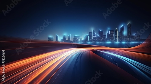 A vector illustration showcases waves and curves of light trails, depicting city transport cars driving on an abstract highway with glowing lights against a dark background.