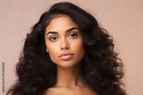 Beauty woman face portrait, beige studio background