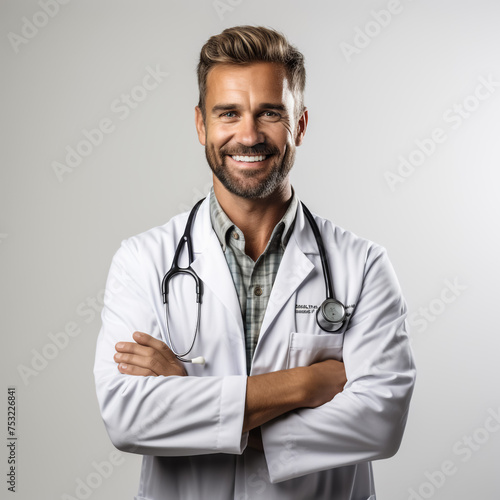 Portrait of cheerful young medical doctor with stethoscope smiling at camera and standing wth arms crossed isolated over white background