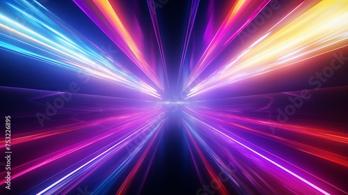Abstract futuristic tunnel with colorful neon lights is depicted in a long exposure background.