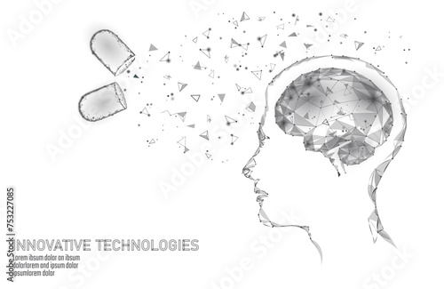  Brain treatment low poly 3D render. Drug nootropic human ability stimulant smart mental health. Medicine cognitive rehabilitation in Alzheimer disease and dementia patient vector illustration