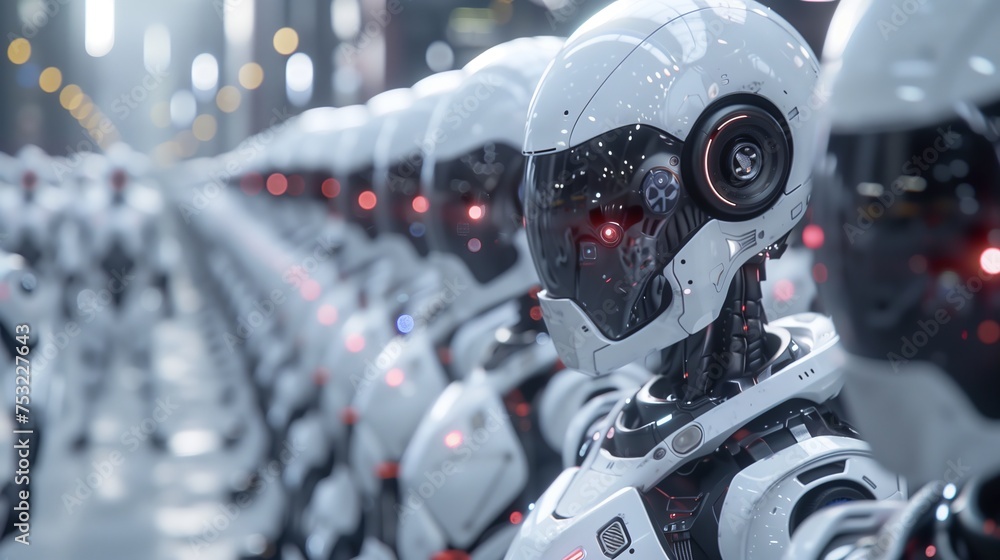 Row of Robots in Line. Generative AI Row of Robots in Line. Generative AI