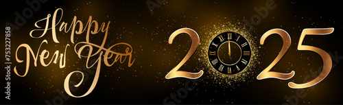 card or banner to wish a happy new year 2025 in gold the 0 is replaced by a clock on a black and brown gradient background