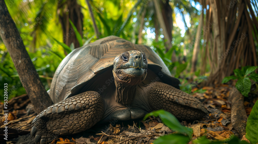 Majestic Giant Tortoise in Natural Habitat, Serene Wildlife Portrait Captured in the Lush Foliage of Seychelles Islands. Majestic Giant Tortoise in Natural Habitat, Serene Wildlife Portrait Captured in the Lush Foliage of Seychelles Islands.