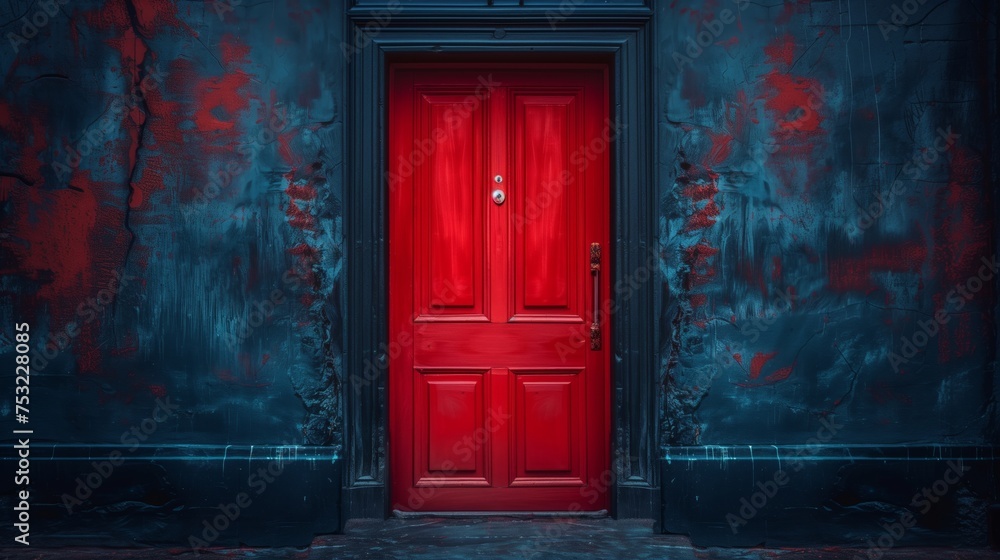 Red Door Against Blue Wall. Generative AI Red Door Against Blue Wall. Generative AI