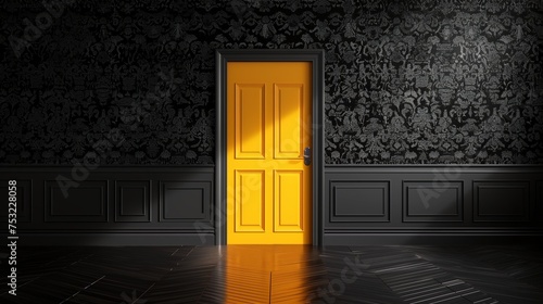 The Open Yellow Door in a Dark Room. Generative AI