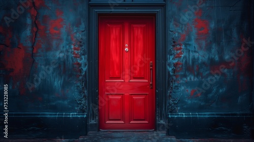 Red Door Against Blue Wall. Generative AI