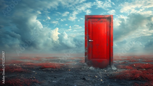 Red Door Standing Alone in Field. Generative AI photo