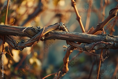 Vineyards at sunset. Autumn vineyards in the countryside. A close-up shot of a grapevine tendril winding its way around a trellis, showcasing the balance between strength and delicacy in nature. 