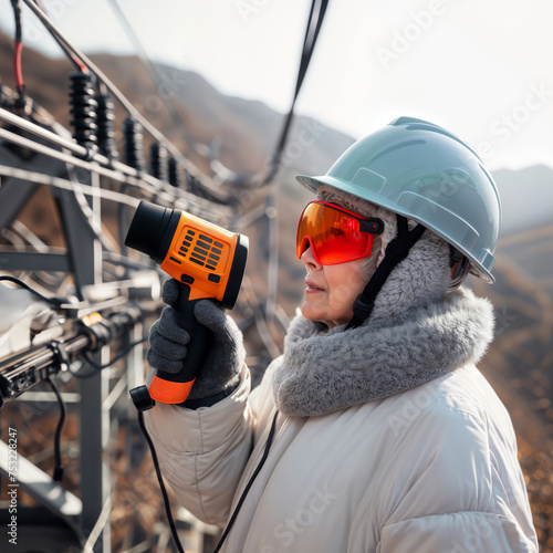 An elderly woman in a white parka, fur-lined hood, safety helmet and orange goggles operates an orange thermal imaging camera while working on the outdoor structure of an electrical substation. photo