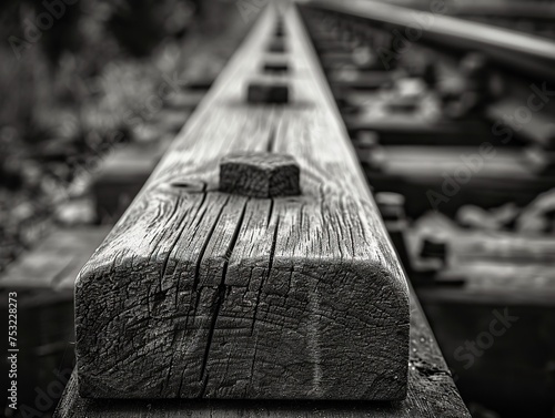A close-up shot of a perfectly aligned row of wooden sleepers on an abandoned railway track, emphasizing the texture and grain of the weathered wood. Black and white photo of an old railroad track. photo
