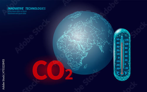  Carbon dioxide CO2 ecology problem eco concept. Renewable organic gas 3D render. Science biofuel chemistry biotechnology polygonal climatic greenhouse effect technology vector illustration