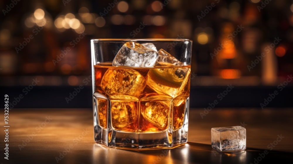 Glass of whiskey, close-up view. Cognac with ice Glass of whiskey, close-up view. Cognac with ice