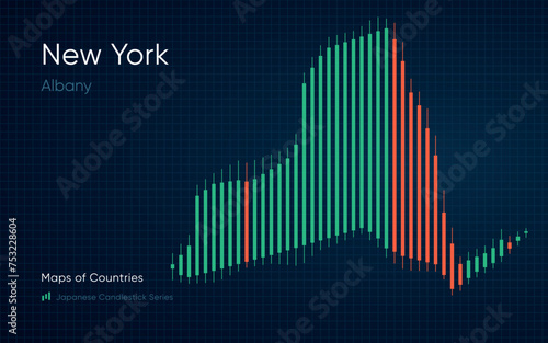 New York map is shown in a chart with bars and lines. Japanese candlestick chart Series
