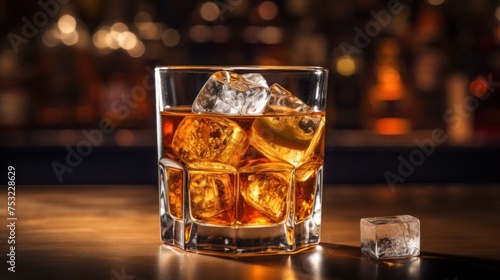 Glass of whiskey, close-up view. Cognac with ice