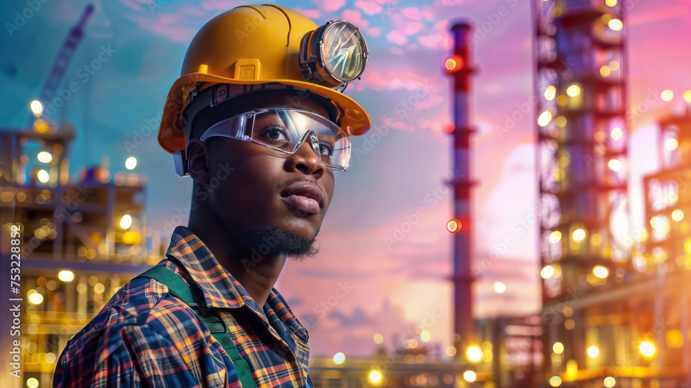 A black man in a bright and colorful setting against a pink and orange sky. He wears a green vest over his plaid shirt and has additional lighting equipment attached to his helmet. A black man in a bright and colorful setting against a pink and orange sky. He wears a green vest over his plaid shirt and has additional lighting equipment attached to his helmet.