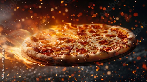 Flaming Pizza on Black Background. Generative AI