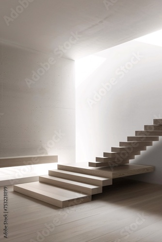 A minimalist wooden staircase leaning against a pristine white wall  embodying simplicity and space