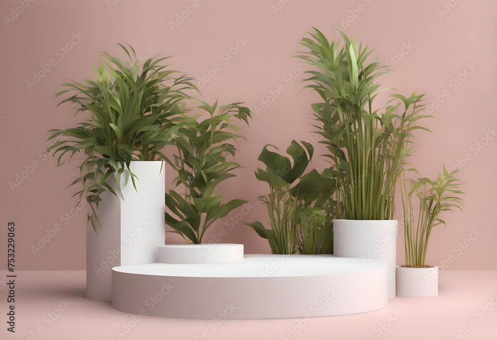 Pódio com vasos de plantas branco mockup Pódio com vasos de plantas branco mockup