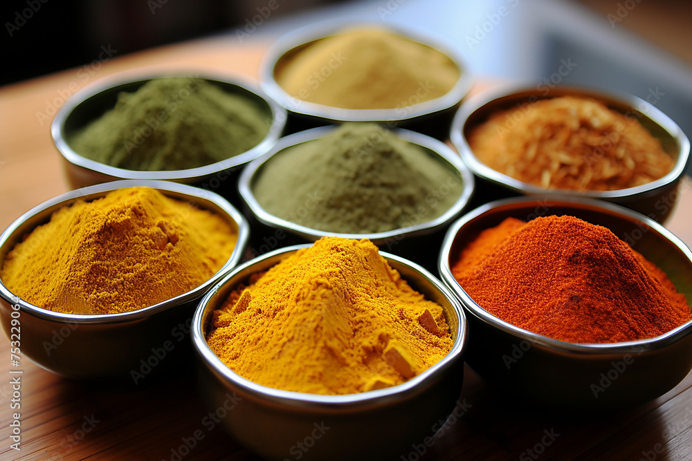 Selection of Ground Spices in Metal Bowls