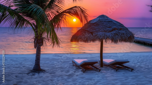 Multicolored neon colored sunset on the island. Two chaise lounges with white mattresses under the palapa. A small lush palm tree next to it. Pier. Chic evening view of the sea. © evastar
