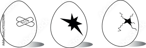 Vector illustration of a group of cracked chicken eggs with cracks  holes and adhesive tape. Fragile egg break