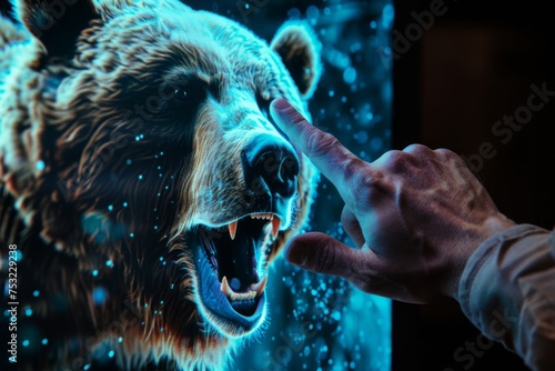 a man uses his finger to Click at a hyper-realistic a Bear out from screen TV, VR concept photo