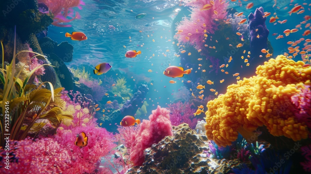 Obraz premium Colorful fishes swimming in a reef environment - An enchanting underwater view presenting a myriad of fish navigating through a rich and colorful coral reef