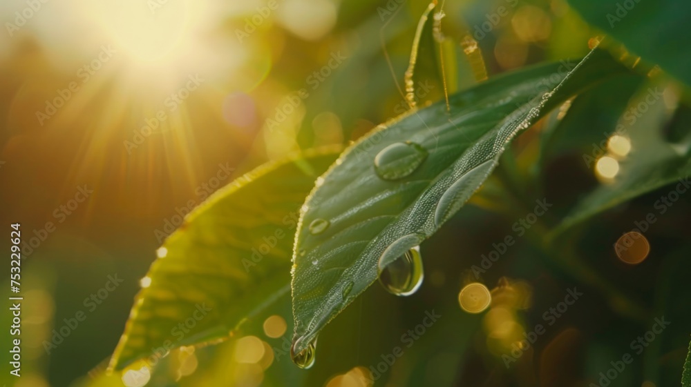 Dew drops on sunlit leaf at sunrise - A single leaf gleams with dew drops as the sunrise pours a golden light over the natural scene Dew drops on sunlit leaf at sunrise - A single leaf gleams with dew drops as the sunrise pours a golden light over the natural scene