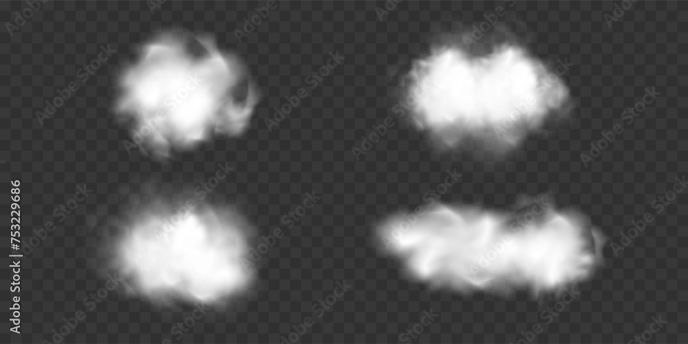 Set of vector clouds or smoke on isolated transparent background. Cloud, smoke, fog Set of vector clouds or smoke on isolated transparent background. Cloud, smoke, fog