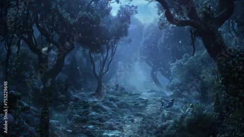 Enchanted forest scene with ethereal light - An otherworldly forest scene bathed in ethereal light  suggesting a fantasy world or a dream-like state of being