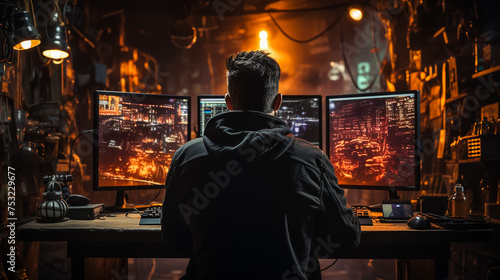 Rear View Of A Hacker Using Multiple Computers For Stealing Data On Desk photo