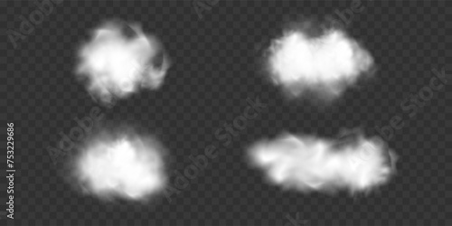 Set of vector clouds or smoke on isolated transparent background. Cloud, smoke, fog