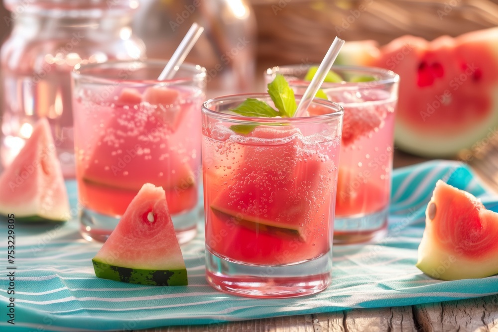 Watermelon Mojitos With Mint Garnish. Generative AI Watermelon Mojitos With Mint Garnish. Generative AI