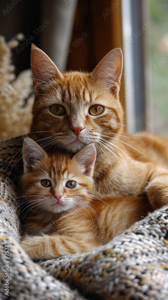 A mother cat and a little kitten