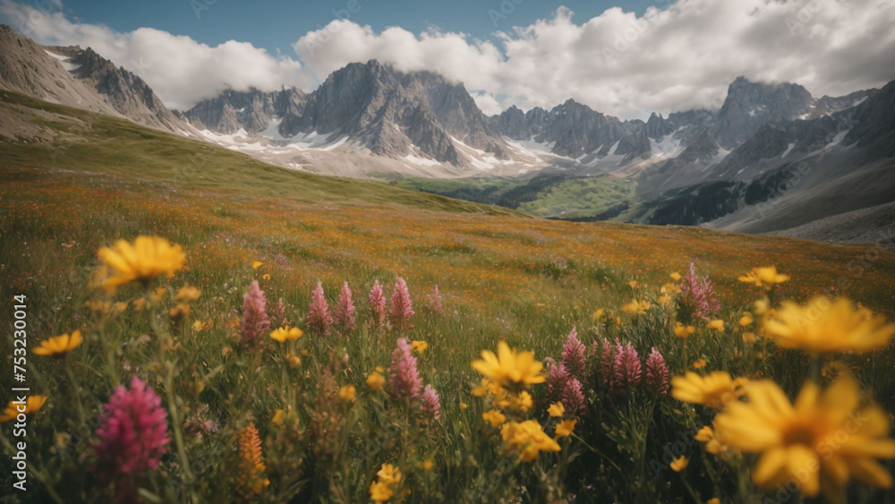 Alpine meadows bloom with wildflowers, a colorful carpet against the imposing backdrop of rocky summits and sheer cliffs. - obrazy, fototapety, plakaty 