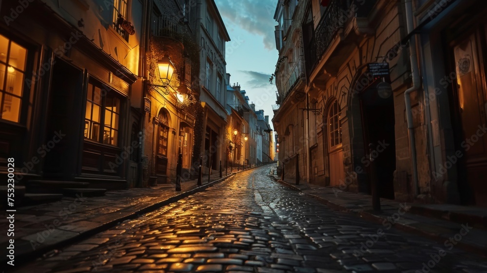 Rainy evening on a deserted Parisian street - The slick cobblestones of a Paris street reflect the city lights on a quiet, rainy evening, evoking a sense of solitude