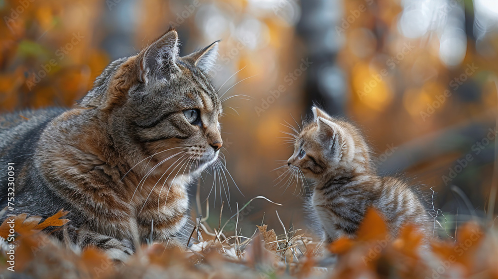 A mother cat and a little kitten