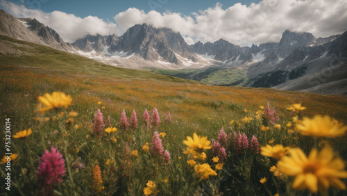 Alpine meadows bloom with wildflowers, a colorful carpet against the imposing backdrop of rocky summits and sheer cliffs. © Владлена Демидова