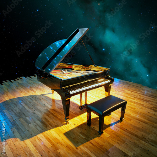 Cosmic Concert: Grand Piano on Stage with Galaxy-Inspired Backdrop photo