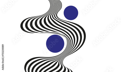 Striped black and white ribbon vertically twisted on a white background
