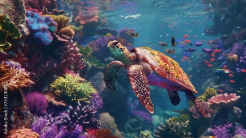 Serene sea turtle diving in a coral reef - A peaceful image of a lone sea turtle gracefully navigating through a maze of colorful coral  evoking a sense of wonder