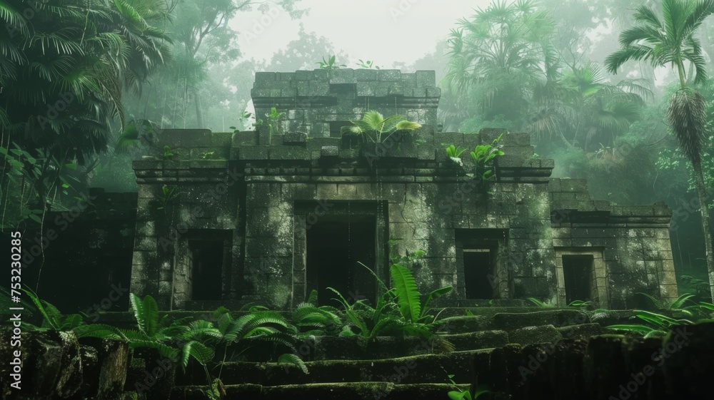 Abandoned temple ruins in a lush forest - This image illustrates an intriguing discovery of abandoned temple ruins amidst the lush greenery of a dense forest