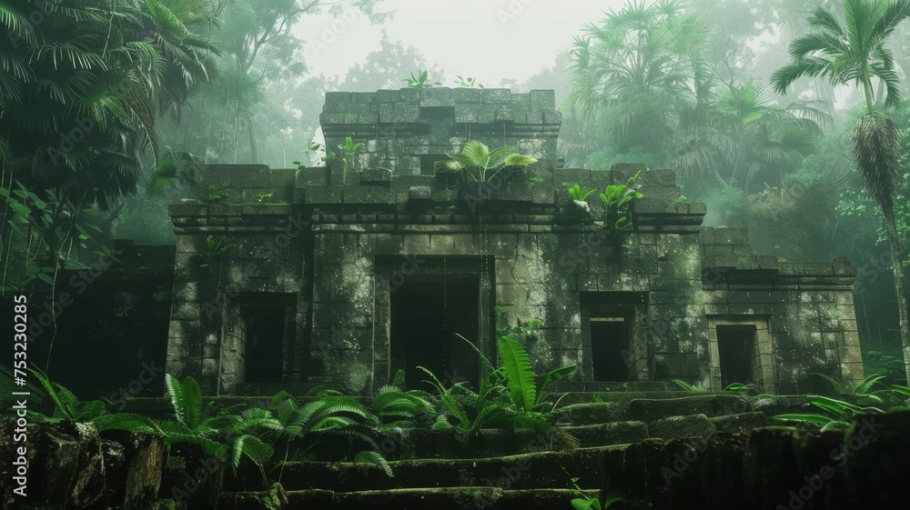 Abandoned temple ruins in a lush forest - This image illustrates an ...