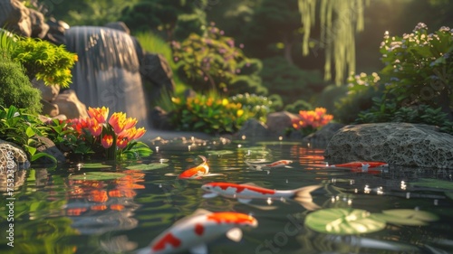 Tranquil koi pond with waterfall and lilies - Serene garden pond with koi fish swimming among water lilies and a waterfall surrounded by rich greenery