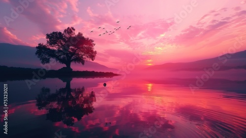 Sunset with tree silhouette on a mist-covered lake - A picturesque scene featuring a tree silhouette at sunset on a misty lake  suggesting mystery and calm