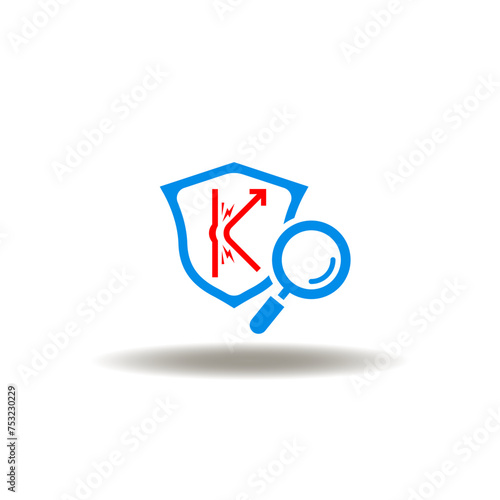 Vector illustration of magnifier and shield with arrow rebound. Symbol of penetration test.