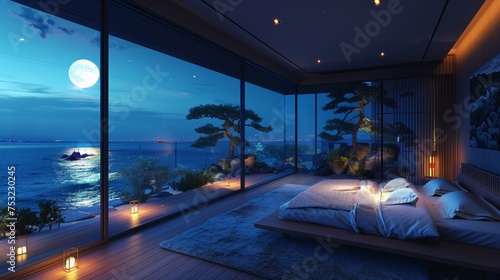 Wallpaper Mural Bedroom With Ocean View at Night. Generative AI Torontodigital.ca